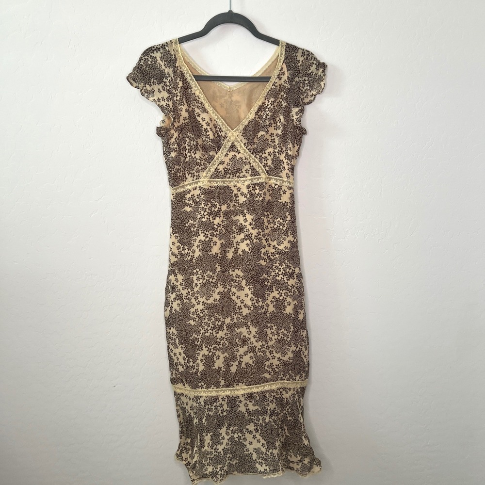 Vintage Floral Lace Trim Midi Dress Women Brown Tan Cap Sleeve Lettuce Hem